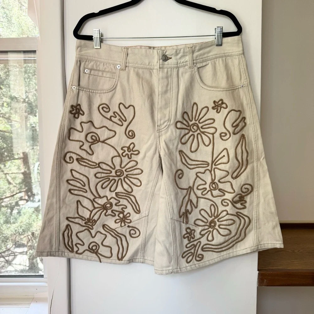 Free People Cruisin Soutache Long Jean Shorts Cream 32